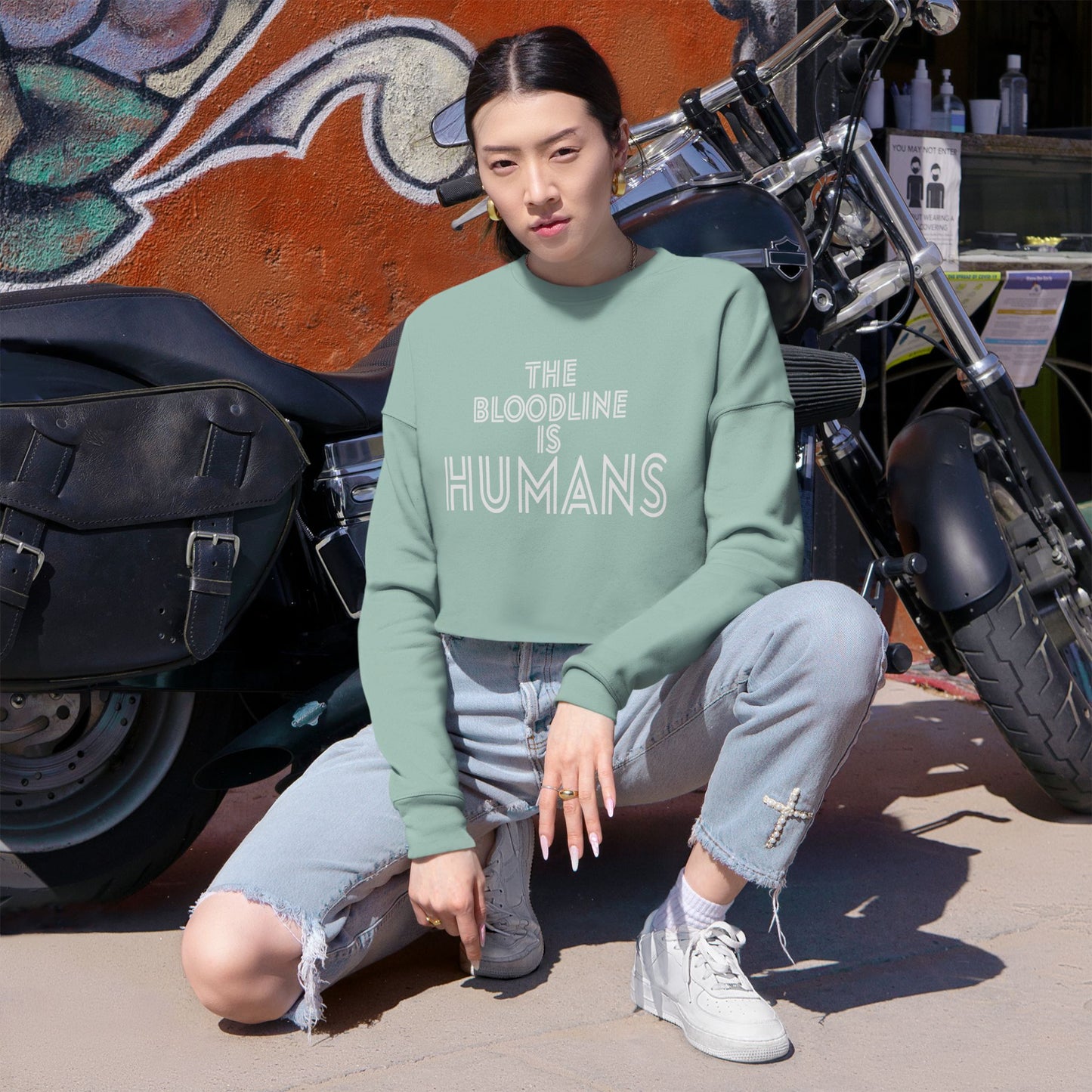 HUMANS APPAREL - Women's Cropped Sweatshirt - "The Bloodline is Humans" Statement Top, Trendy Athleisure, Gift for Her, Casual Fashion, Birthday Gift.