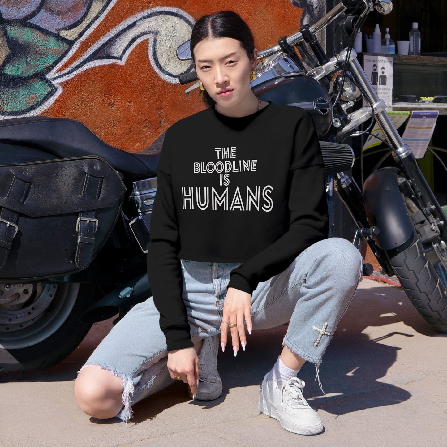 HUMANS APPAREL - Women's Cropped Sweatshirt - "The Bloodline is Humans" Statement Top, Trendy Athleisure, Gift for Her, Casual Fashion, Birthday Gift.